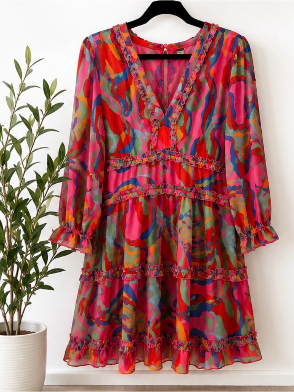 Amazon Multicolor Pink Red V-Neck Ruffle Long Sleeve Dress